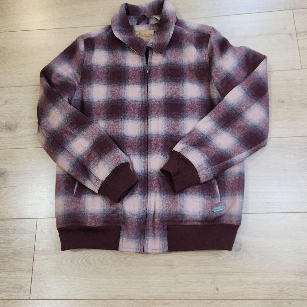 Powder River Outfitters Jacket Womens Medium Red Plaid Wool Lined Bomber Western